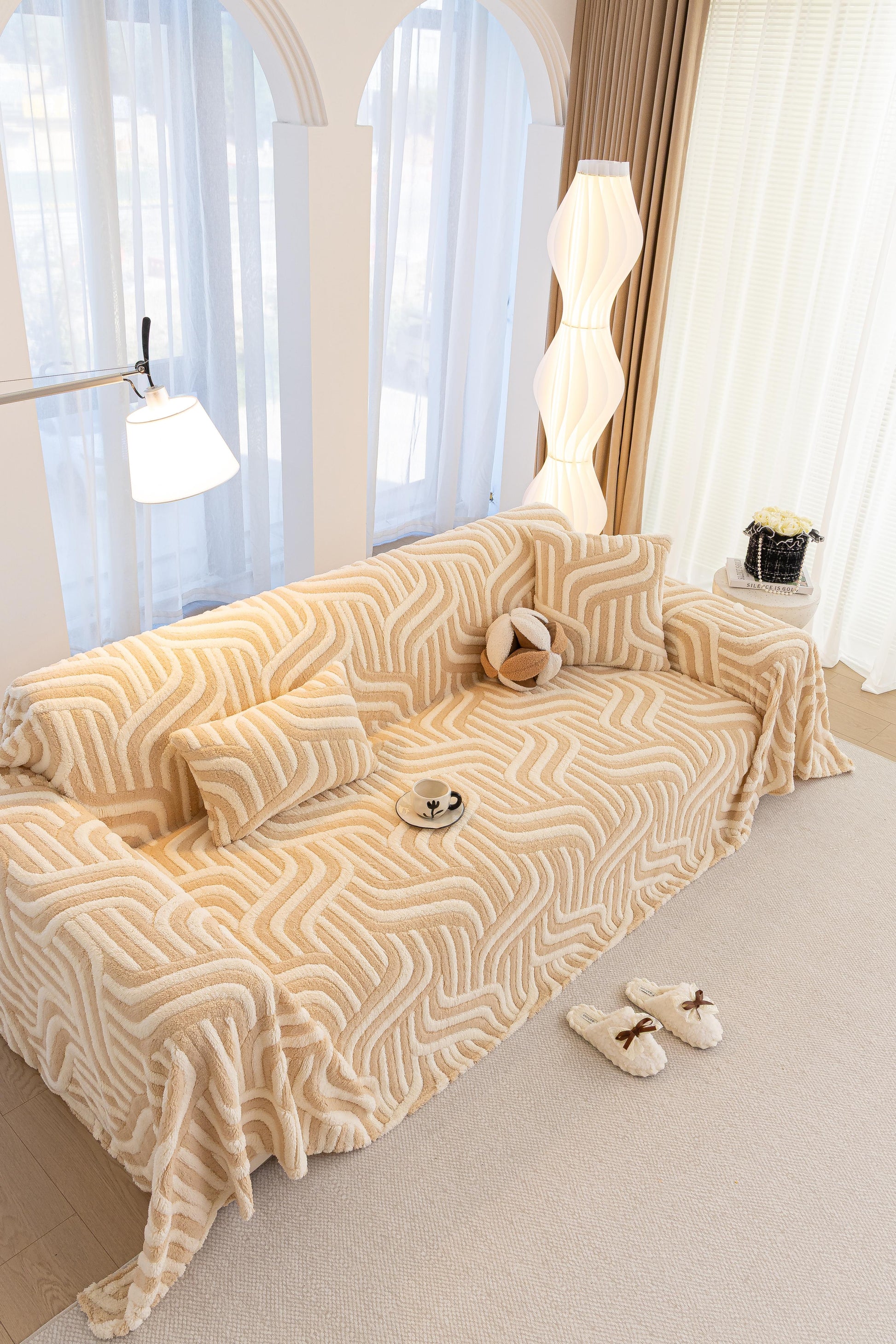 Sofa Decor Riviera Wave Stripe Sofa Cover in Beige Cream - styled sofa image for plush patterned couch covers in Australia