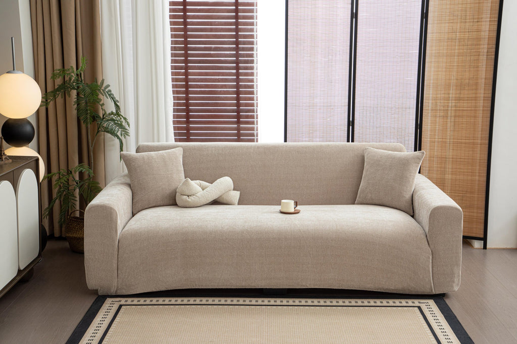 Sofa Decor Marlow Chenille Stretch Sofa Cover - in beige 1 seater - chenille - lounge styling view - for Australian sofas