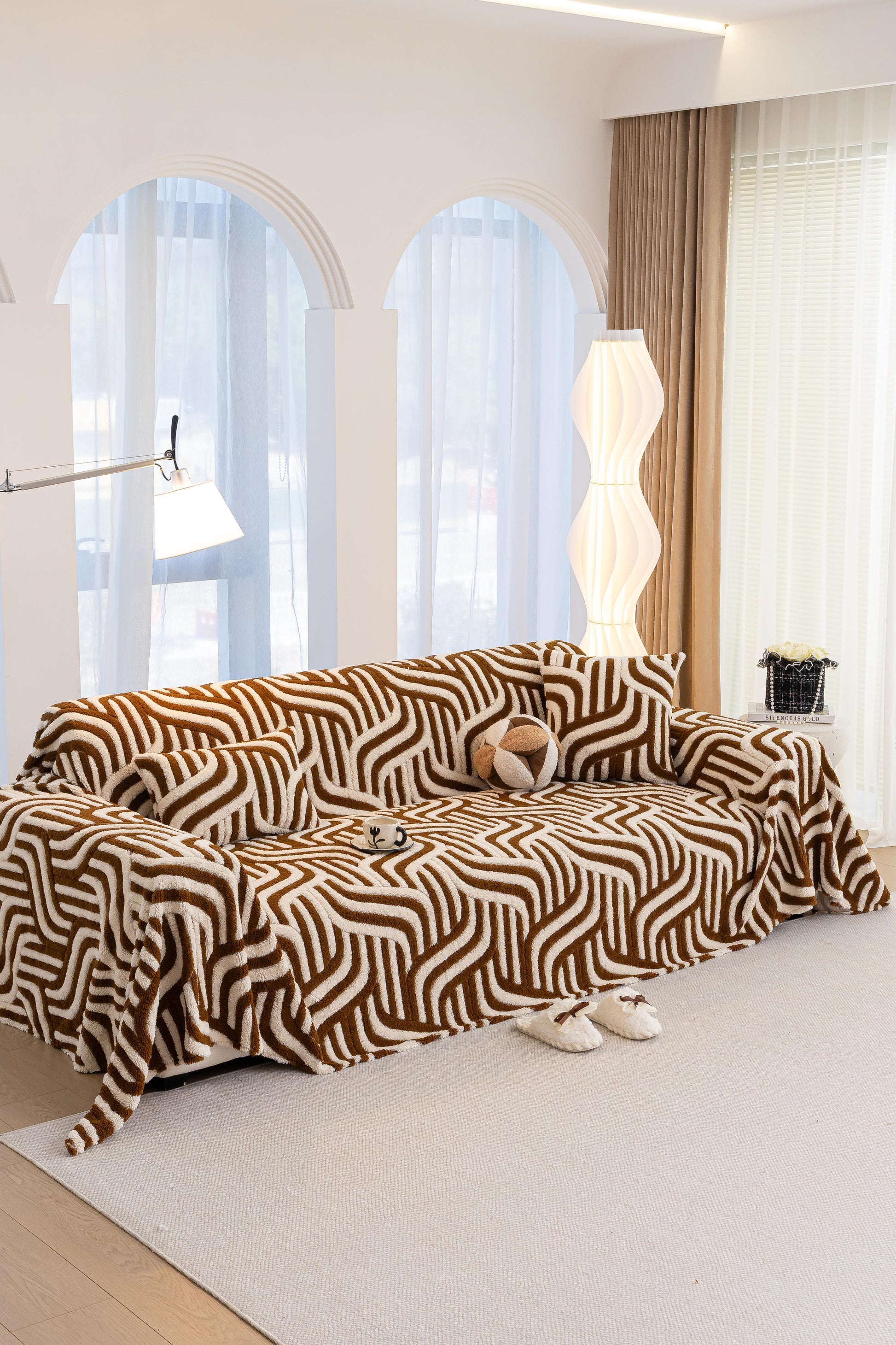 Sofa Decor Riviera Wave Stripe Sofa Cover in Brown Cream - styled sofa image for plush patterned couch covers in Australia