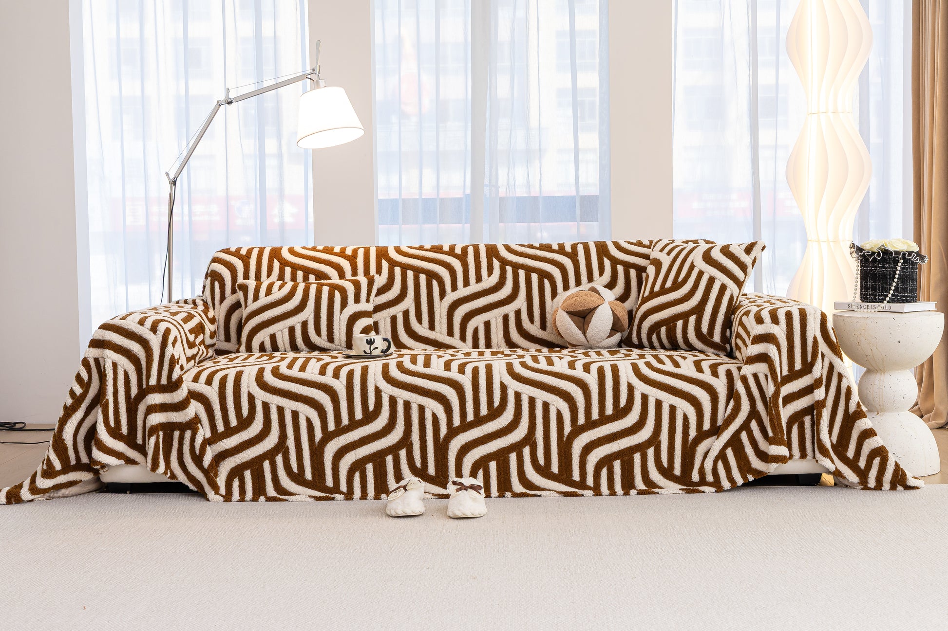 Sofa Decor Riviera Wave Stripe Sofa Cover in Brown Cream - wide sofa lifestyle image for plush patterned couch covers in Australia