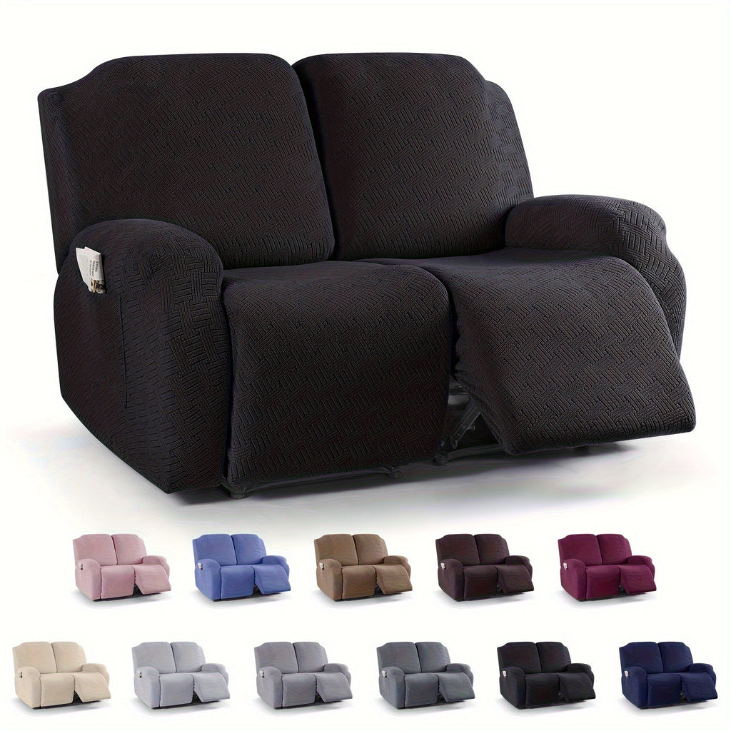 Spicy Striped Jet Black Greyson cover shown on a two-seat reclining sofa with a raised footrest, above colour examples