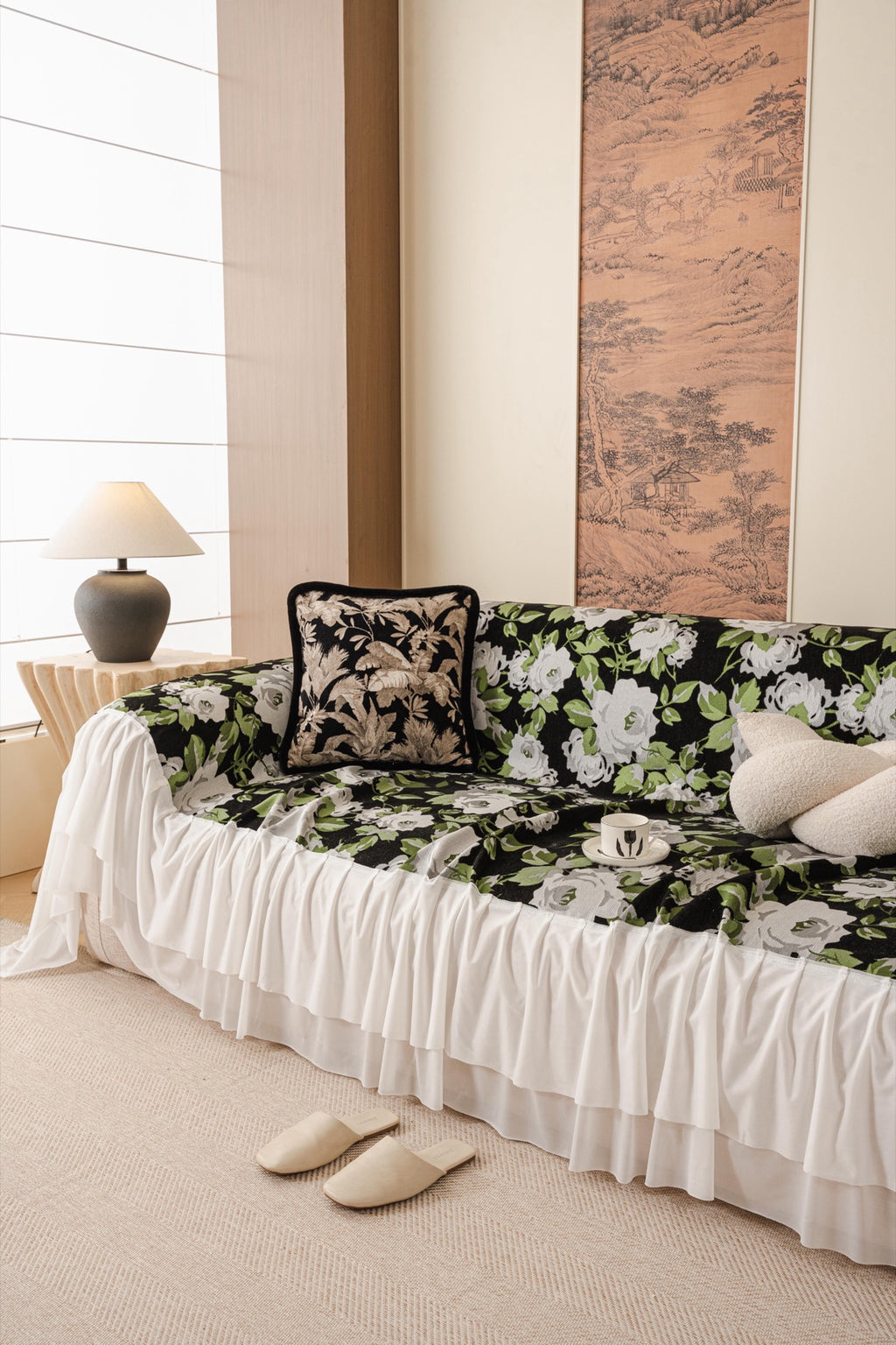 Sofa Decor Camellia Skirted Floral Sofa Throw Cover in Midnight Floral - styled skirted sofa throw for floral sofa throw covers in Australia