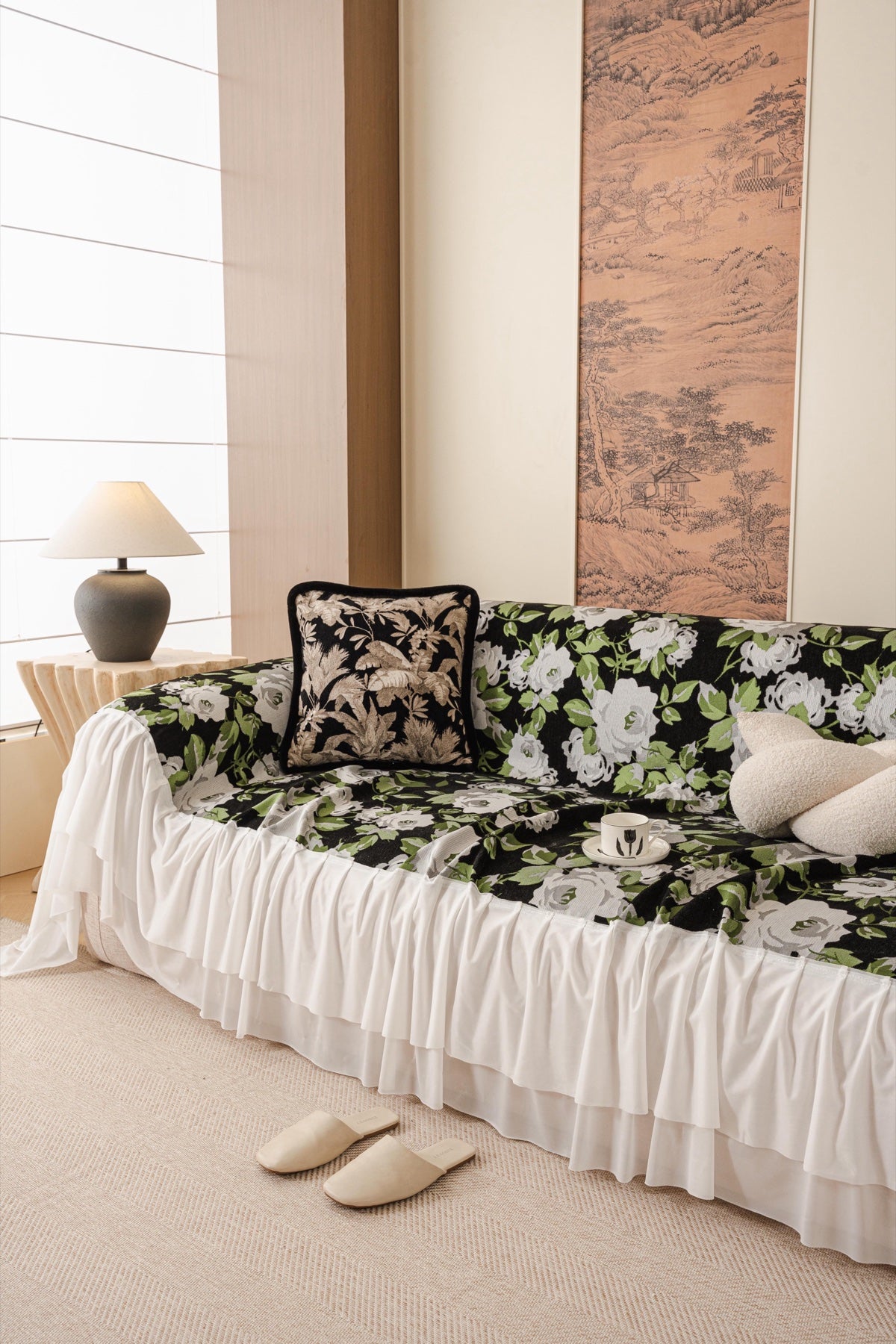 Sofa Decor Camellia Skirted Floral Sofa Throw Cover in Midnight Floral - styled skirted sofa throw for floral sofa throw covers in Australia