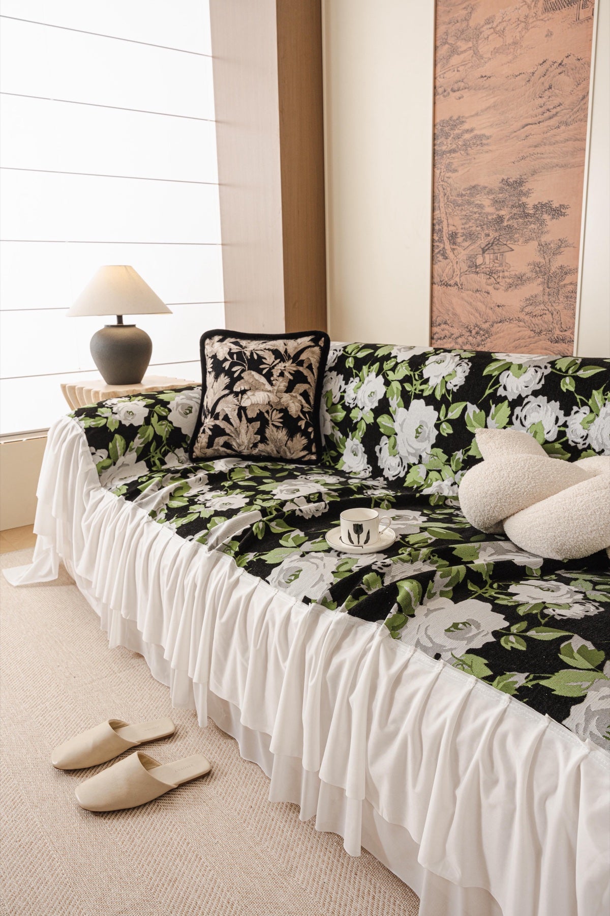 Sofa Decor Camellia Skirted Floral Sofa Throw Cover in Midnight Floral - styled skirted sofa throw for floral sofa throw covers in Australia