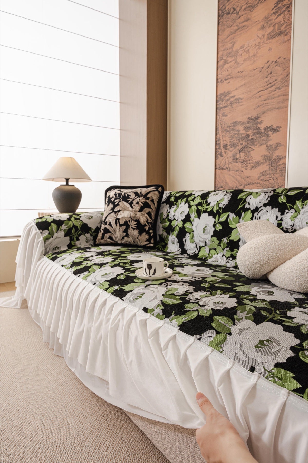 Sofa Decor Camellia Skirted Floral Sofa Throw Cover in Midnight Floral - styled skirted sofa throw for floral sofa throw covers in Australia