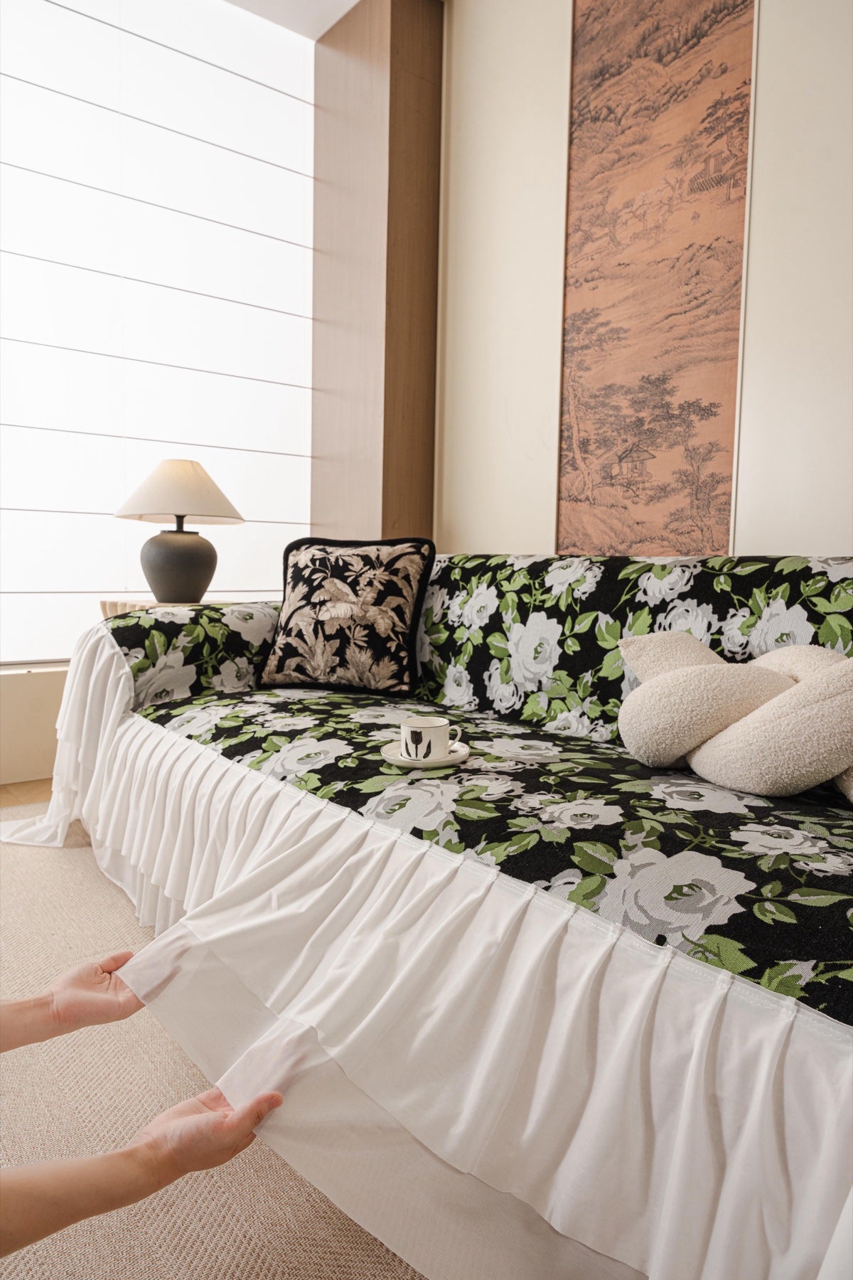 Sofa Decor Camellia Skirted Floral Sofa Throw Cover in Midnight Floral - styled skirted sofa throw for floral sofa throw covers in Australia