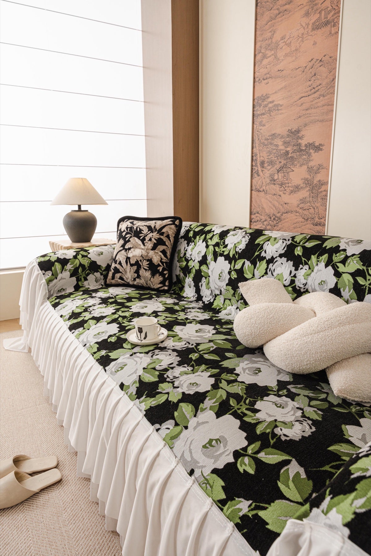 Sofa Decor Camellia Skirted Floral Sofa Throw Cover in Midnight Floral - styled skirted sofa throw for floral sofa throw covers in Australia
