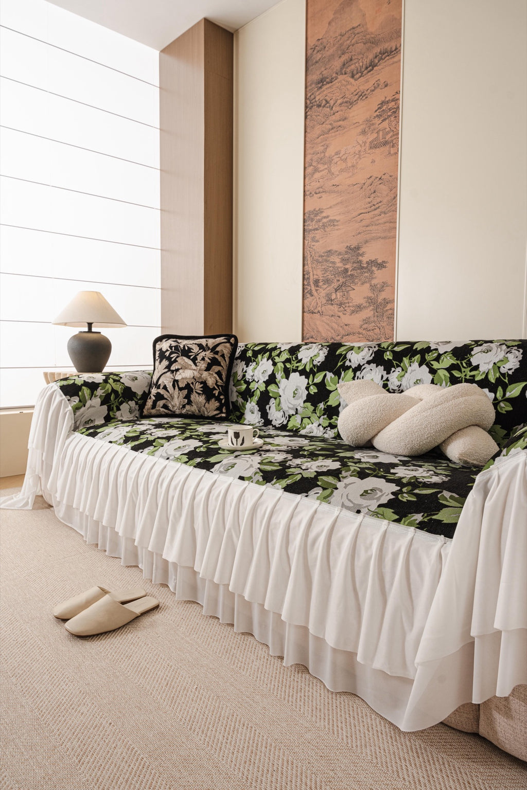 Sofa Decor Camellia Skirted Floral Sofa Throw Cover in Midnight Floral - styled skirted sofa throw for floral sofa throw covers in Australia