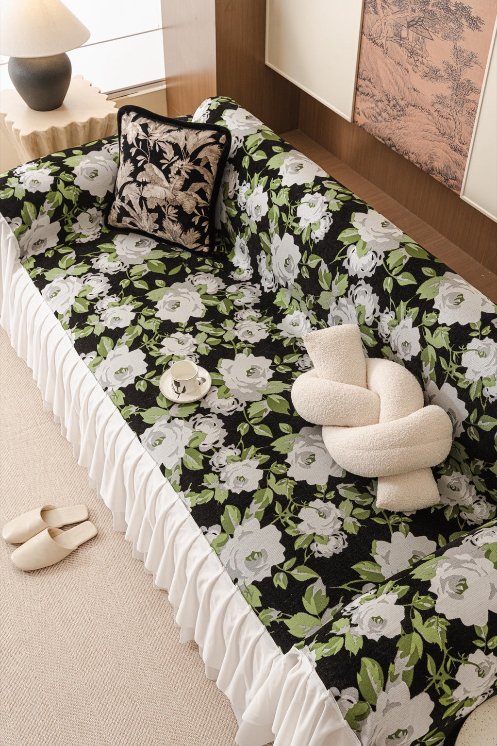 Sofa Decor Camellia Skirted Floral Sofa Throw Cover in Midnight Floral - top sofa fit view for floral sofa throw covers in Australia