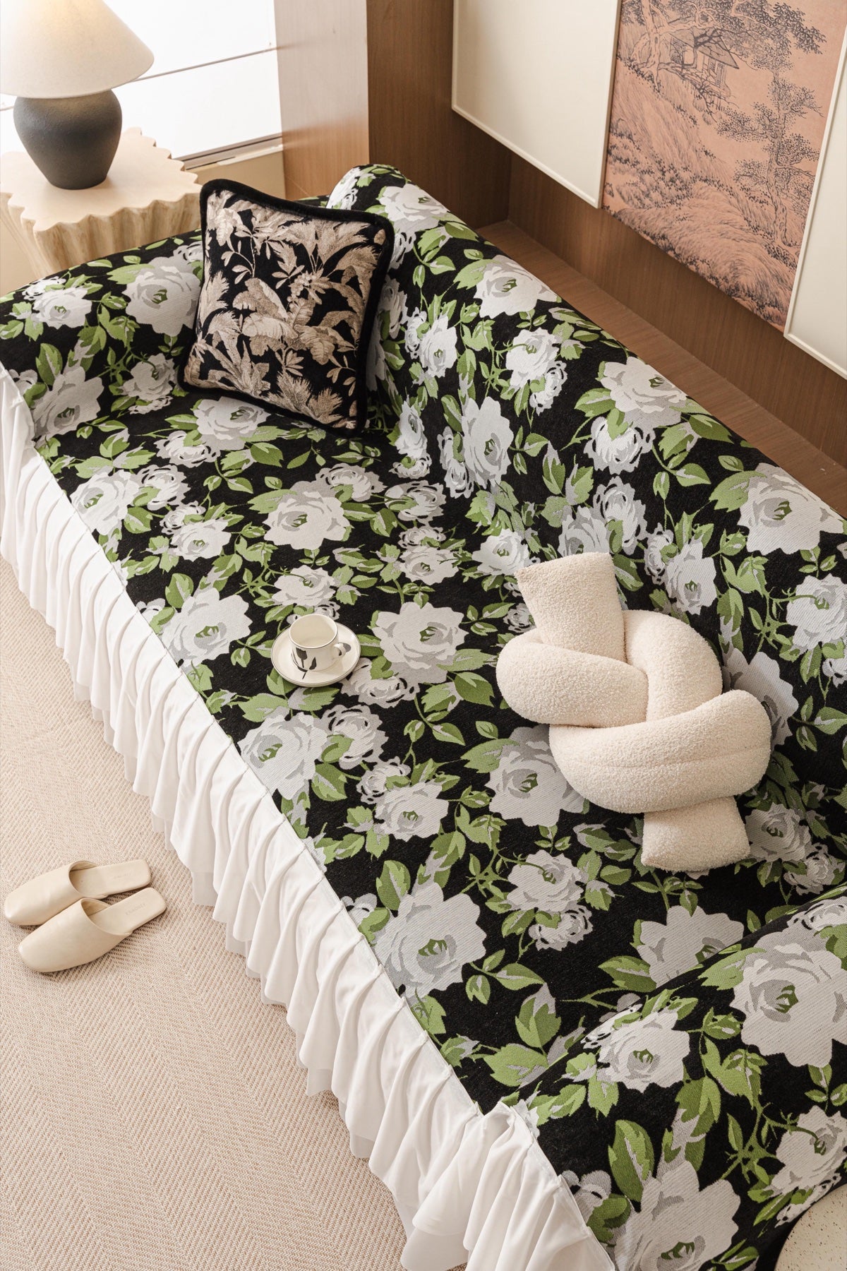 Sofa Decor Camellia Skirted Floral Sofa Throw Cover in Midnight Floral - top sofa fit view for floral sofa throw covers in Australia