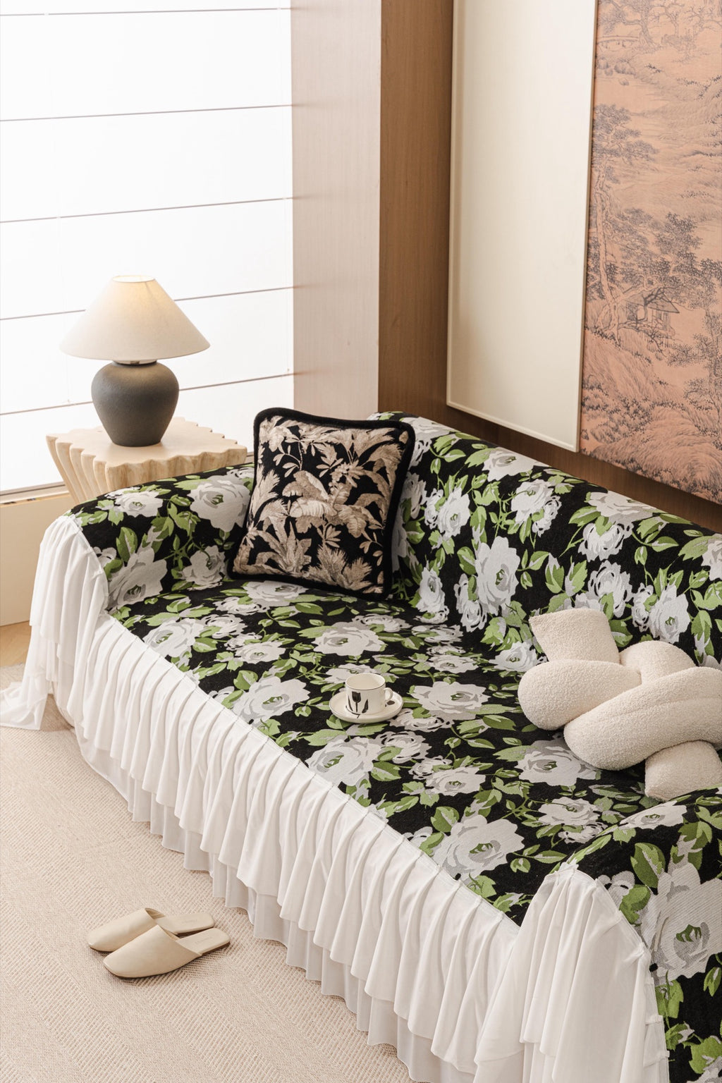 Sofa Decor Camellia Skirted Floral Sofa Throw Cover in Midnight Floral - styled skirted sofa throw for floral sofa throw covers in Australia