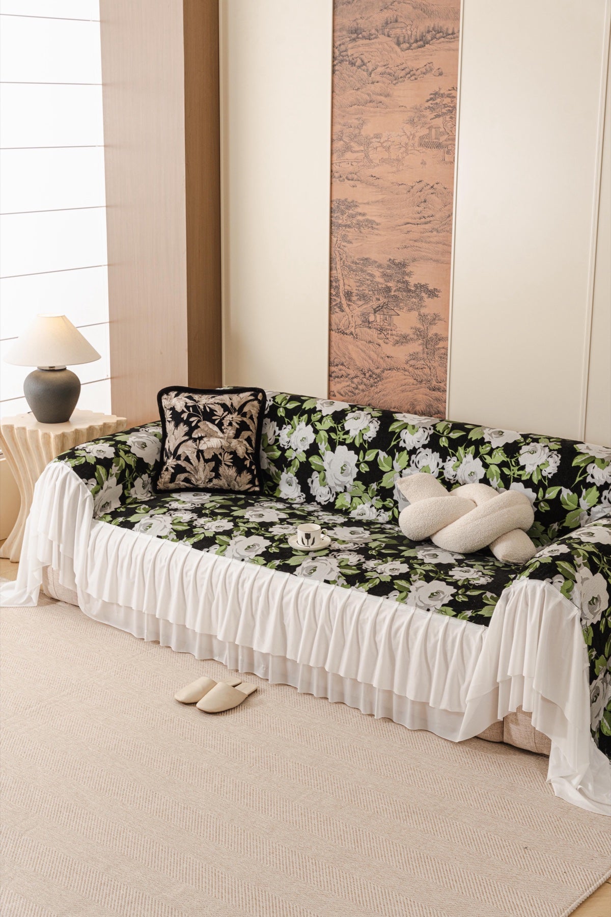 Sofa Decor Camellia Skirted Floral Sofa Throw Cover in Midnight Floral - styled skirted sofa throw for floral sofa throw covers in Australia