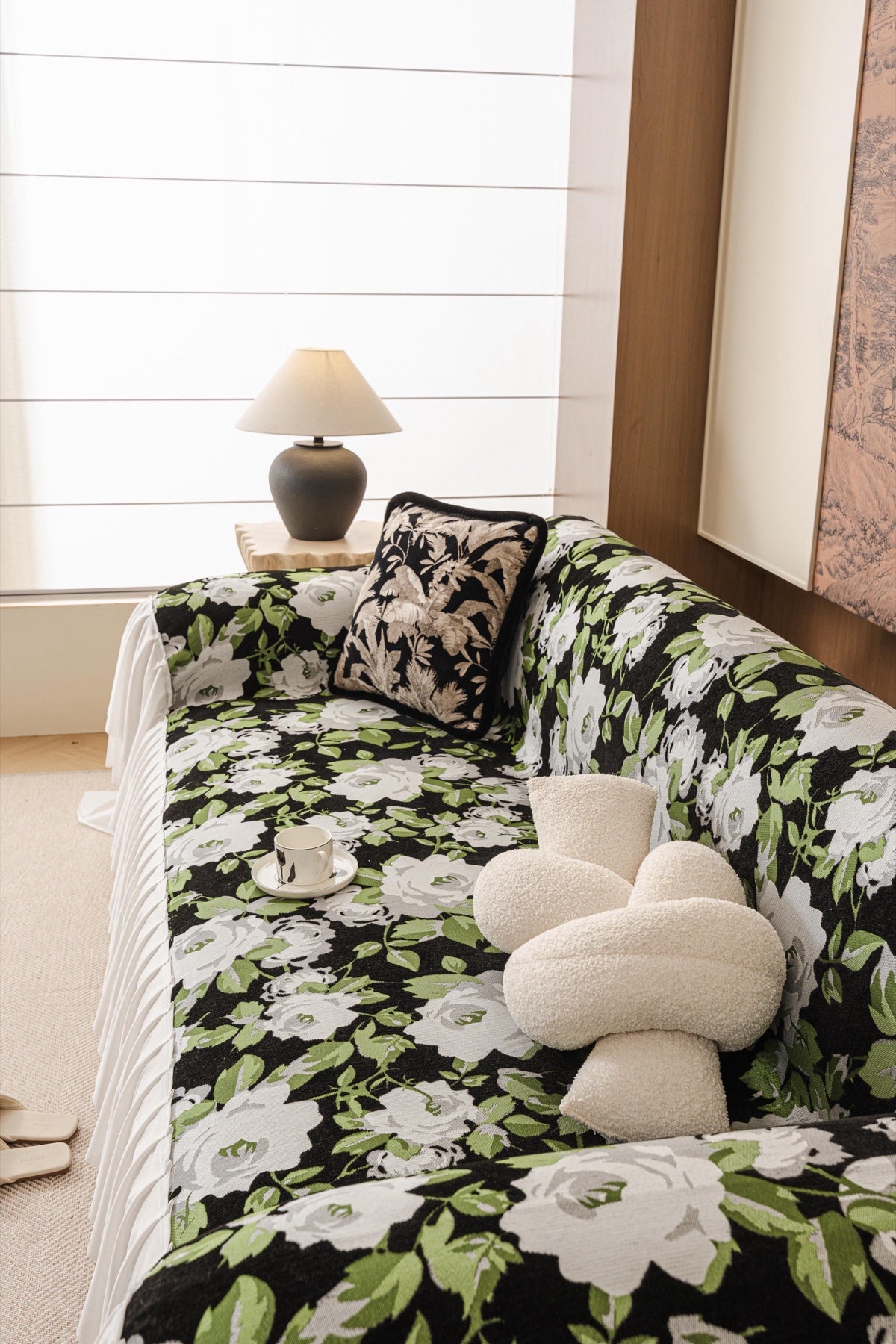 Sofa Decor Camellia Skirted Floral Sofa Throw Cover in Midnight Floral - top sofa fit view for floral sofa throw covers in Australia