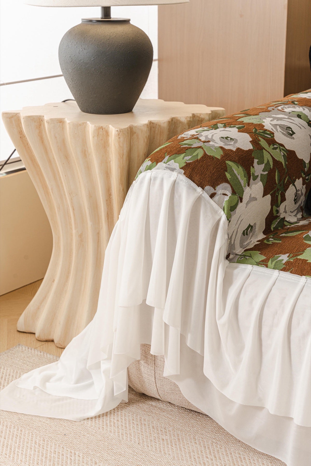 Sofa Decor Camellia Skirted Floral Sofa Throw Cover in Olive Cocoa Floral - side skirt drape detail for floral sofa throw covers in Australia