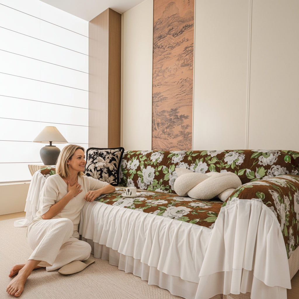 Sofa Decor Camellia Skirted Floral Sofa Throw Cover in Olive Cocoa Floral - styled skirted sofa throw for floral sofa throw covers in Australia
