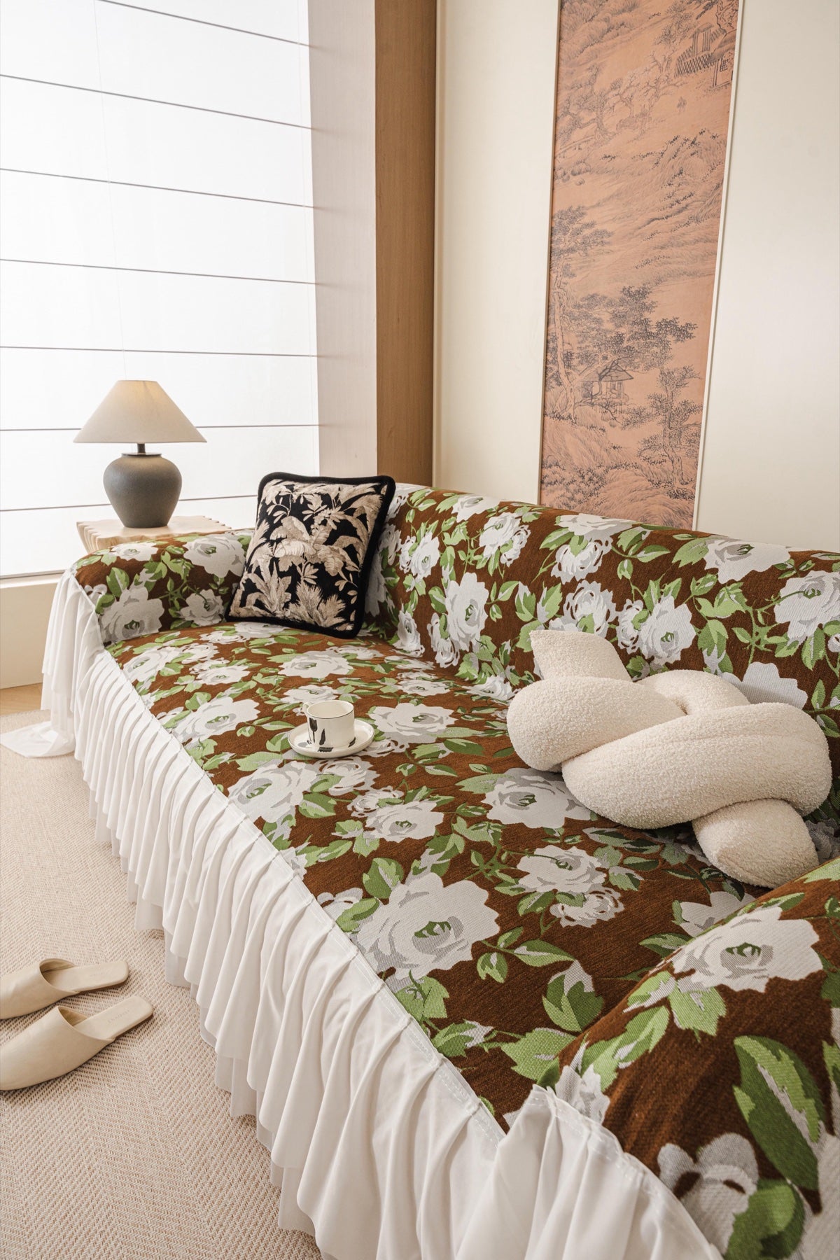 Sofa Decor Camellia Skirted Floral Sofa Throw Cover in Olive Cocoa Floral - styled skirted sofa throw for floral sofa throw covers in Australia
