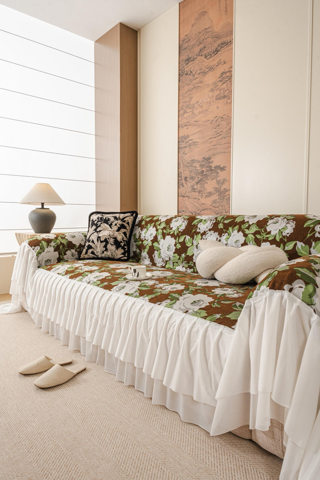 Sofa Decor Camellia Skirted Floral Sofa Throw Cover in Olive Cocoa Floral - styled skirted sofa throw for floral sofa throw covers in Australia