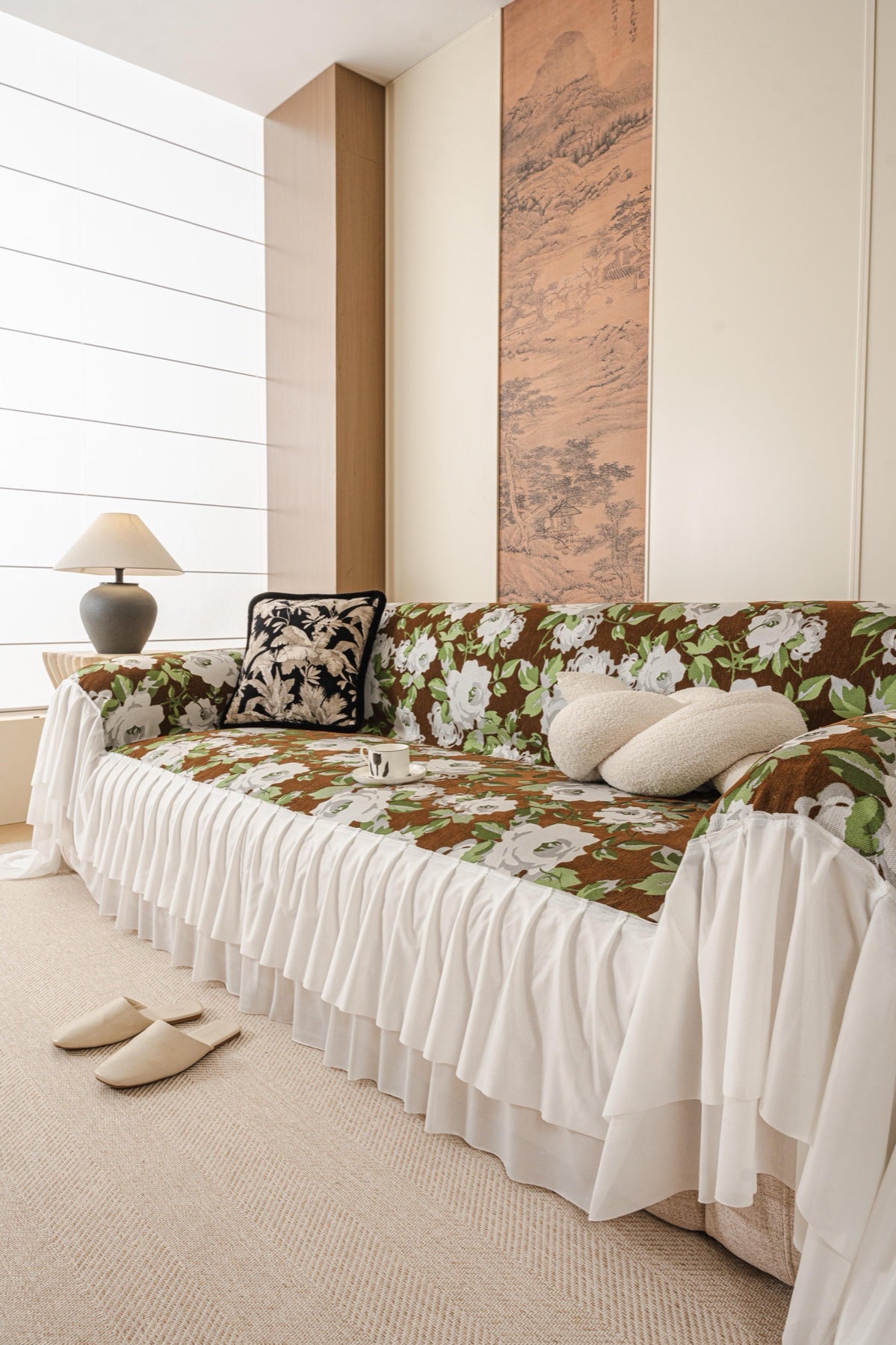 Sofa Decor Camellia Skirted Floral Sofa Throw Cover in Olive Cocoa Floral - styled skirted sofa throw for floral sofa throw covers in Australia
