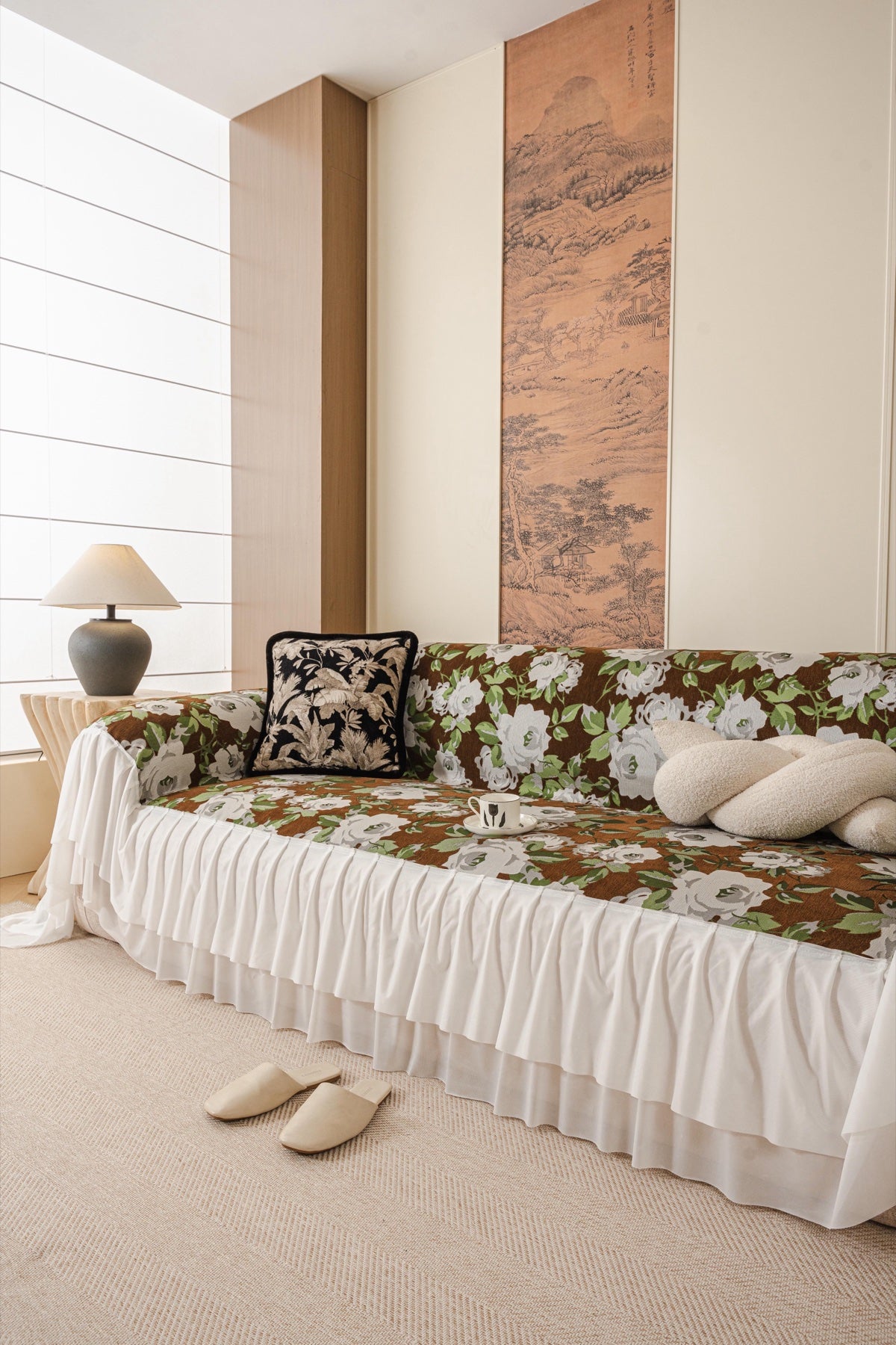 Sofa Decor Camellia Skirted Floral Sofa Throw Cover in Olive Cocoa Floral - styled skirted sofa throw for floral sofa throw covers in Australia