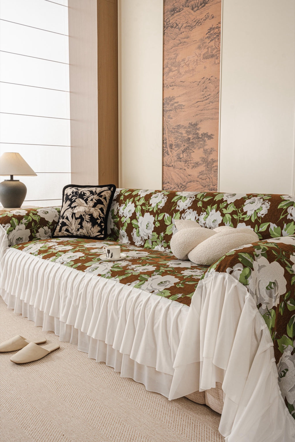 Sofa Decor Camellia Skirted Floral Sofa Throw Cover in Olive Cocoa Floral - styled skirted sofa throw for floral sofa throw covers in Australia