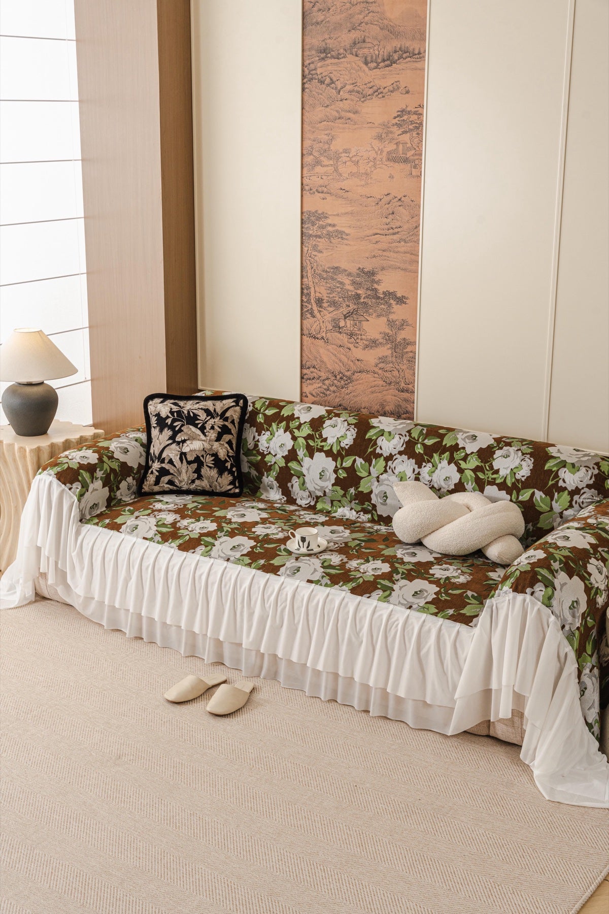 Sofa Decor Camellia Skirted Floral Sofa Throw Cover in Olive Cocoa Floral - styled skirted sofa throw for floral sofa throw covers in Australia