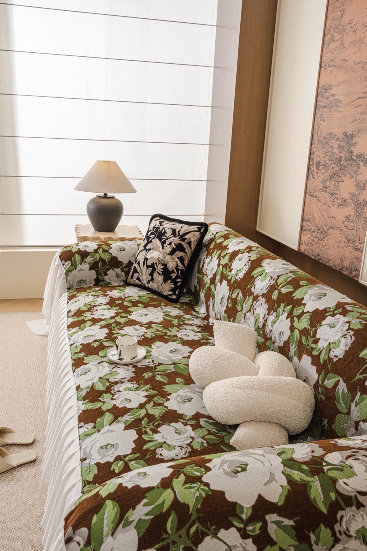 Sofa Decor Camellia Skirted Floral Sofa Throw Cover in Olive Cocoa Floral - top sofa fit view for floral sofa throw covers in Australia