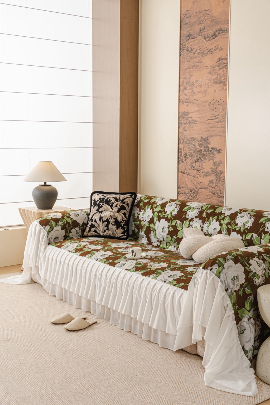 Sofa Decor Camellia Skirted Floral Sofa Throw Cover in Olive Cocoa Floral - styled skirted sofa throw for floral sofa throw covers in Australia
