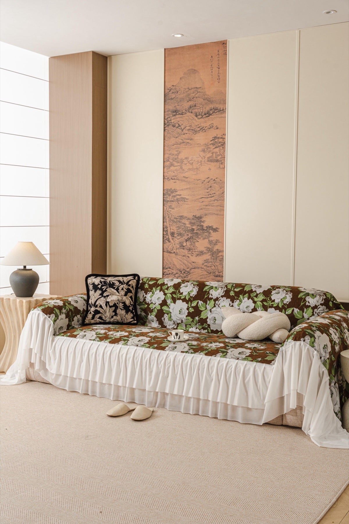 Sofa Decor Camellia Skirted Floral Sofa Throw Cover in Olive Cocoa Floral - styled skirted sofa throw for floral sofa throw covers in Australia