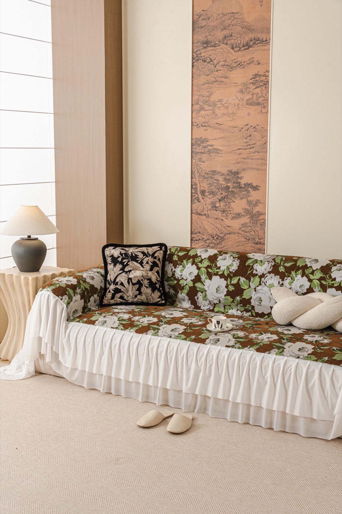 Sofa Decor Camellia Skirted Floral Sofa Throw Cover in Olive Cocoa Floral - styled skirted sofa throw for floral sofa throw covers in Australia