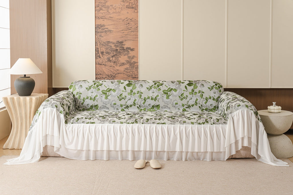 Sofa Decor Camellia Skirted Floral Sofa Throw Cover in Soft Sage Floral - front sofa fit view for floral sofa throw covers in Australia