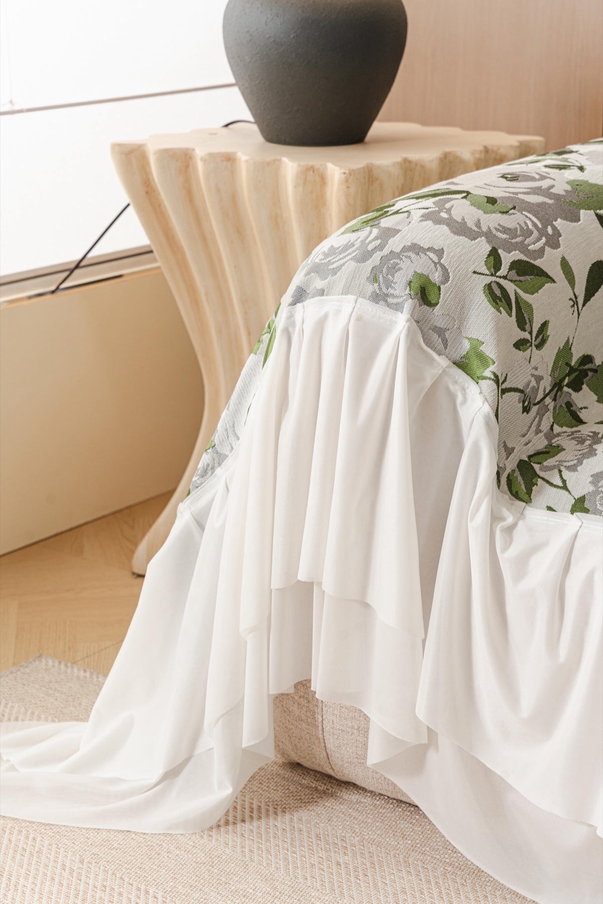 Sofa Decor Camellia Skirted Floral Sofa Throw Cover in Soft Sage Floral - side skirt drape detail for floral sofa throw covers in Australia