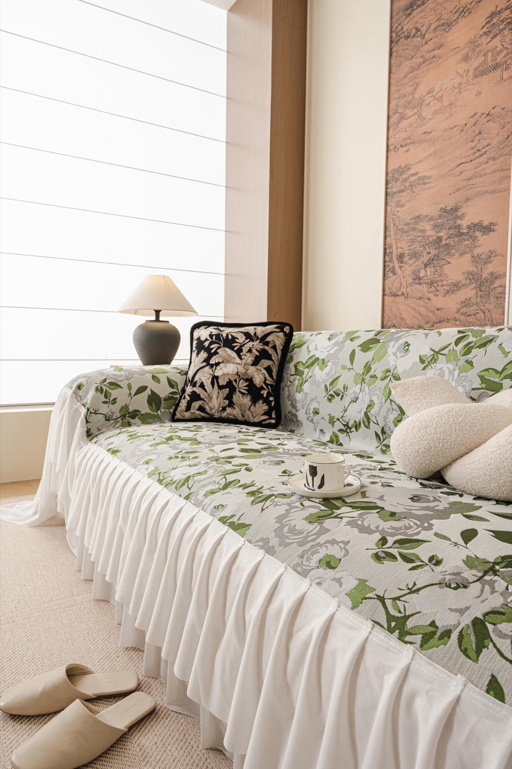 Sofa Decor Camellia Skirted Floral Sofa Throw Cover in Soft Sage Floral - styled skirted sofa throw for floral sofa throw covers in Australia