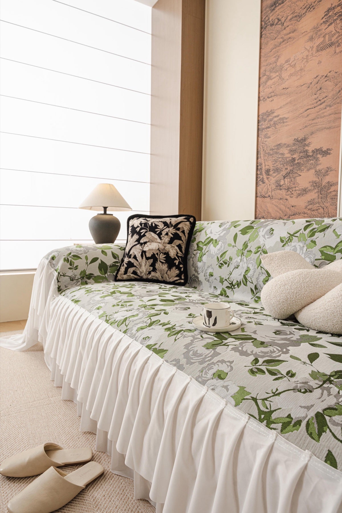Sofa Decor Camellia Skirted Floral Sofa Throw Cover in Soft Sage Floral - styled skirted sofa throw for floral sofa throw covers in Australia