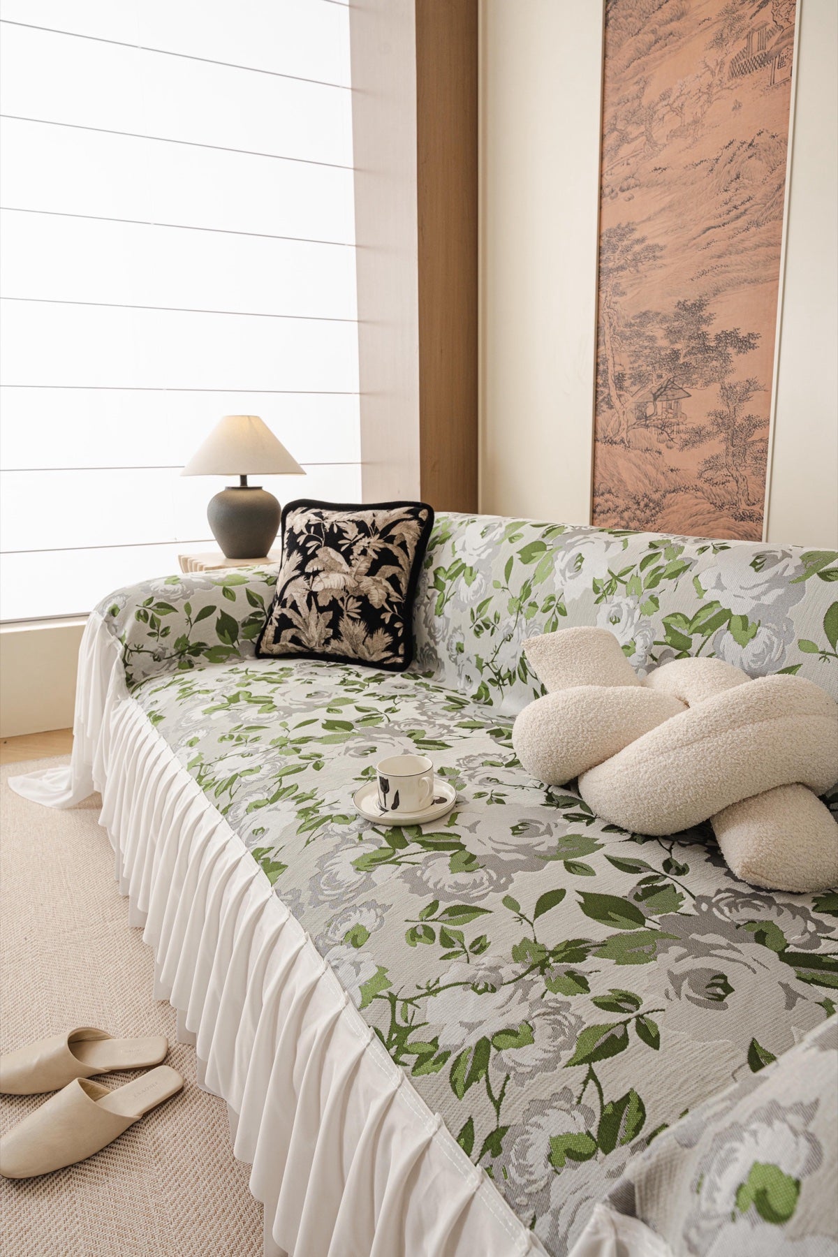 Sofa Decor Camellia Skirted Floral Sofa Throw Cover in Soft Sage Floral - styled skirted sofa throw for floral sofa throw covers in Australia