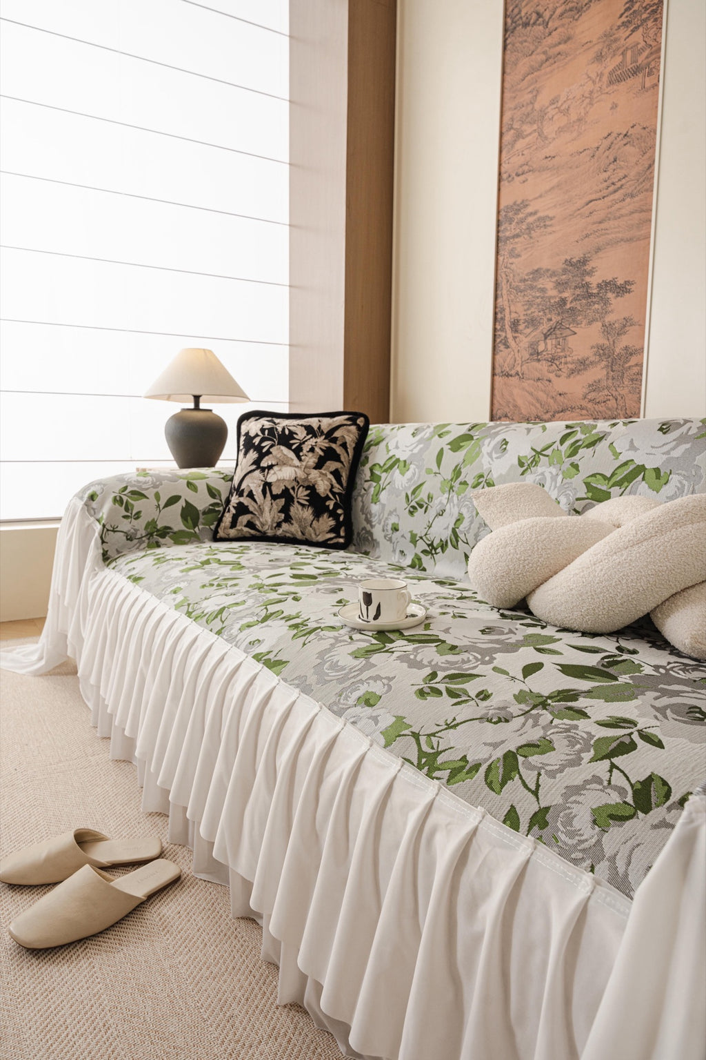 Sofa Decor Camellia Skirted Floral Sofa Throw Cover in Soft Sage Floral - styled skirted sofa throw for floral sofa throw covers in Australia