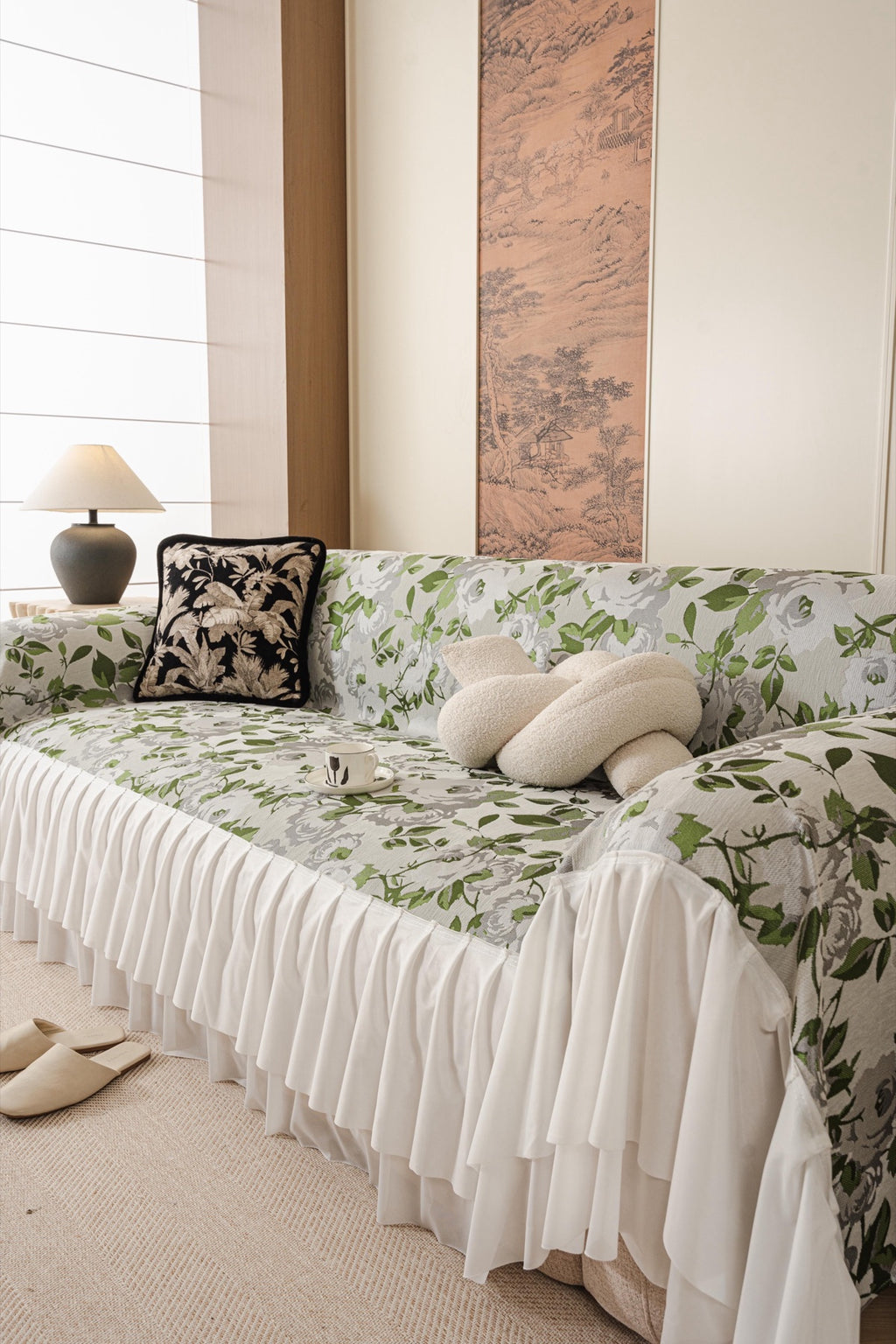 Sofa Decor Camellia Skirted Floral Sofa Throw Cover in Soft Sage Floral - styled skirted sofa throw for floral sofa throw covers in Australia