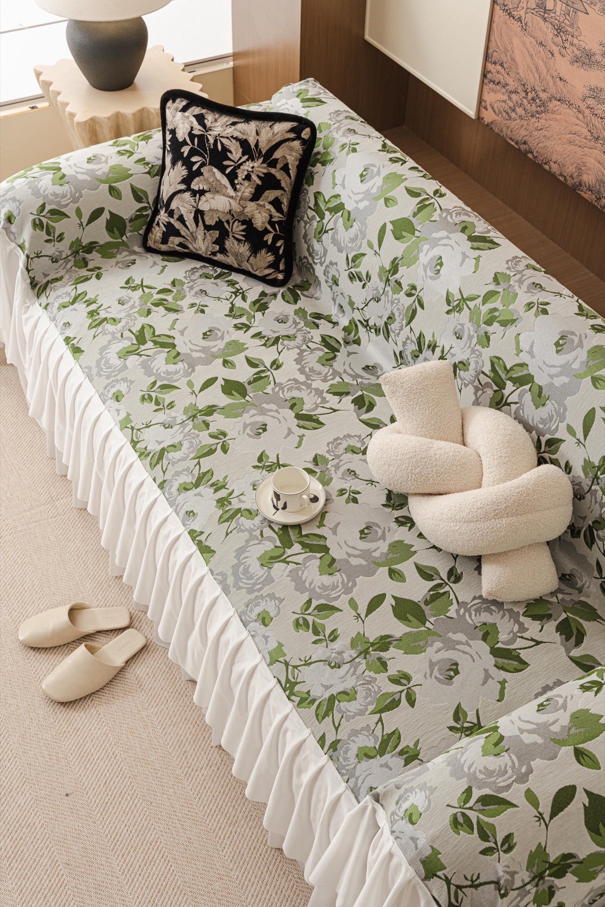 Sofa Decor Camellia Skirted Floral Sofa Throw Cover in Soft Sage Floral - top sofa fit view for floral sofa throw covers in Australia