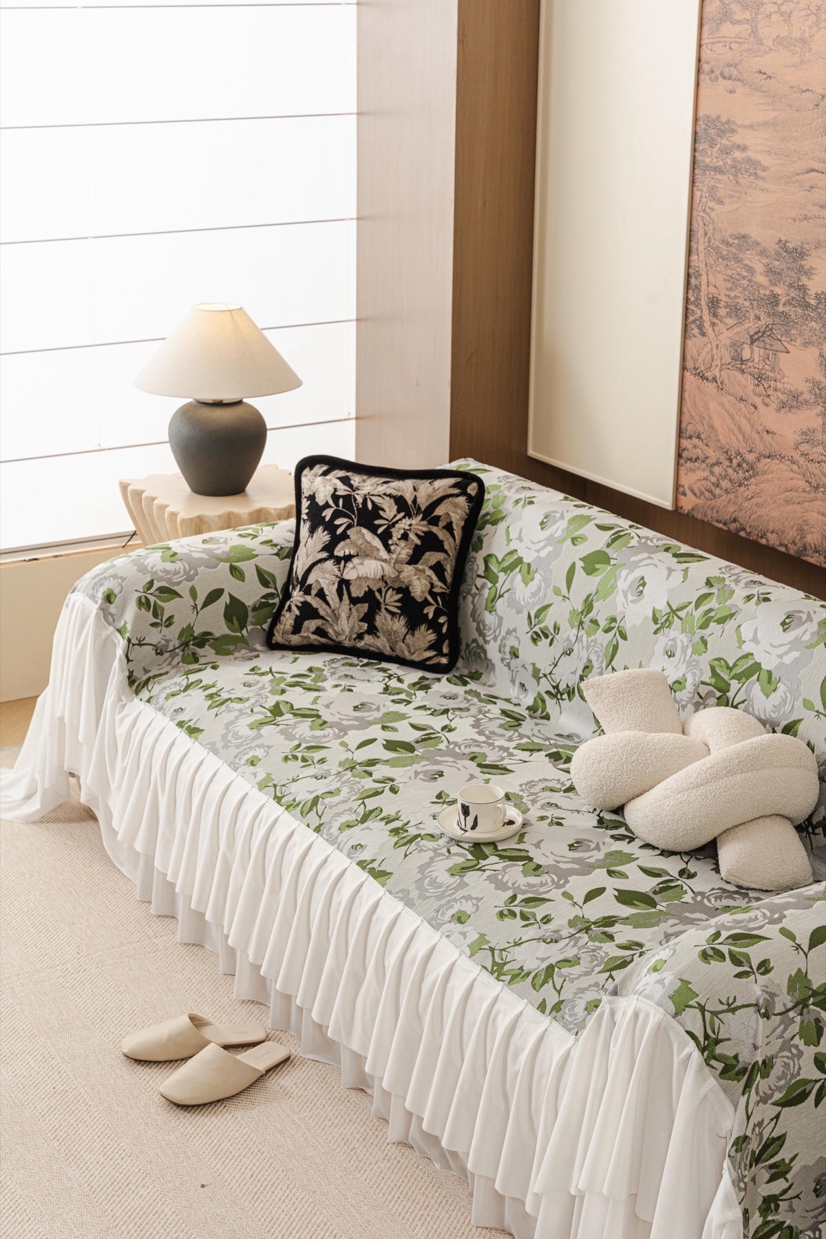 Sofa Decor Camellia Skirted Floral Sofa Throw Cover in Soft Sage Floral - styled skirted sofa throw for floral sofa throw covers in Australia