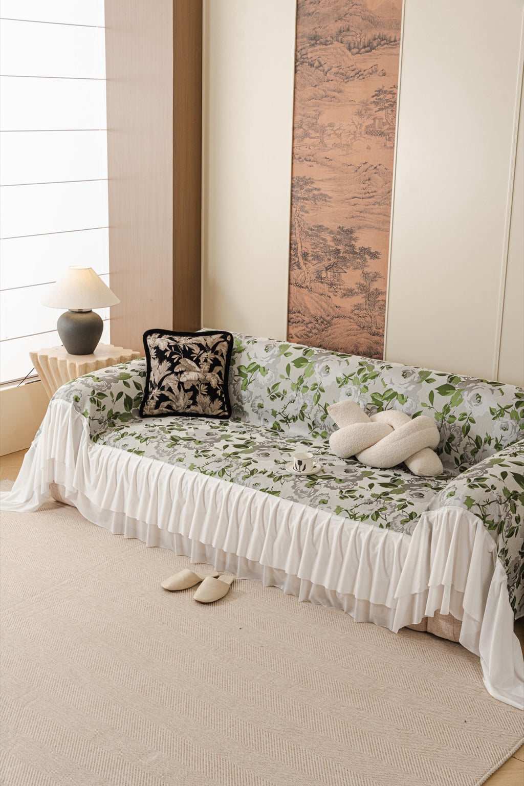 Sofa Decor Camellia Skirted Floral Sofa Throw Cover in Soft Sage Floral - styled skirted sofa throw for floral sofa throw covers in Australia