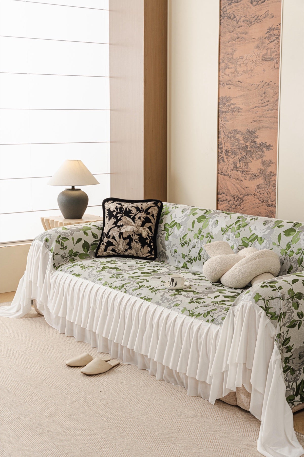 Sofa Decor Camellia Skirted Floral Sofa Throw Cover in Soft Sage Floral - styled skirted sofa throw for floral sofa throw covers in Australia