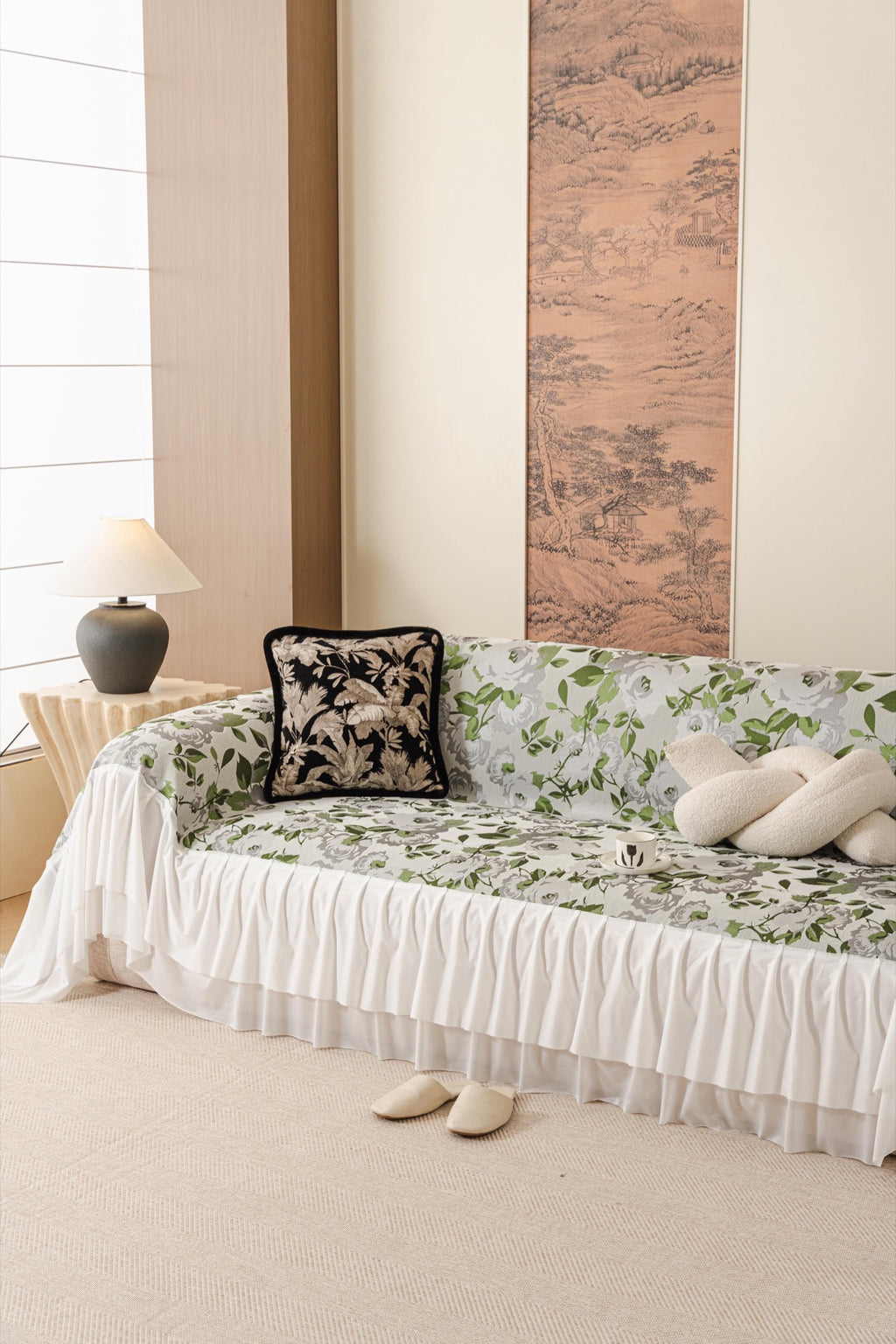 Sofa Decor Camellia Skirted Floral Sofa Throw Cover in Soft Sage Floral - styled skirted sofa throw for floral sofa throw covers in Australia