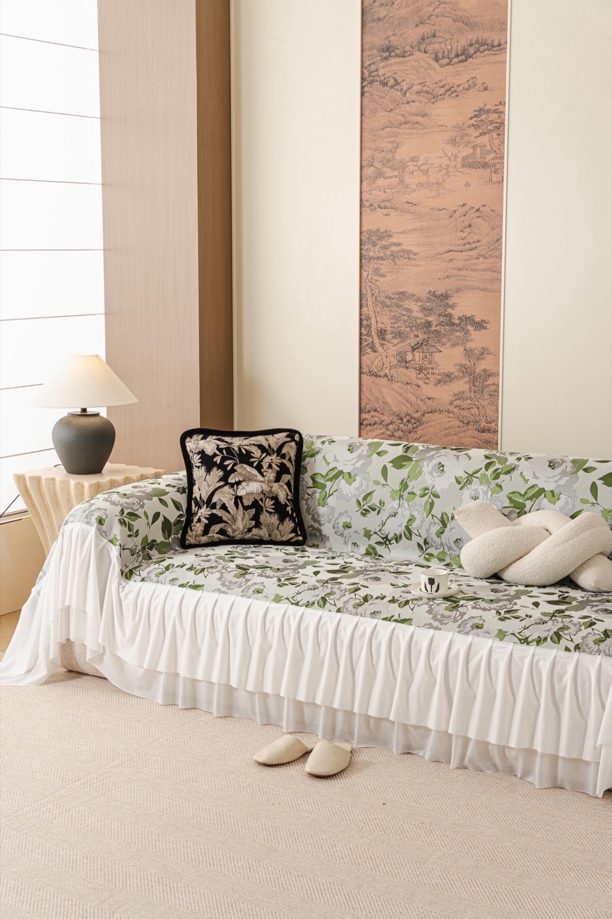 Sofa Decor Camellia Skirted Floral Sofa Throw Cover in Soft Sage Floral - styled skirted sofa throw for floral sofa throw covers in Australia