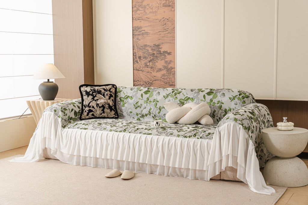 Sofa Decor Camellia Skirted Floral Sofa Throw Cover in Soft Sage Floral - front sofa fit view for floral sofa throw covers in Australia
