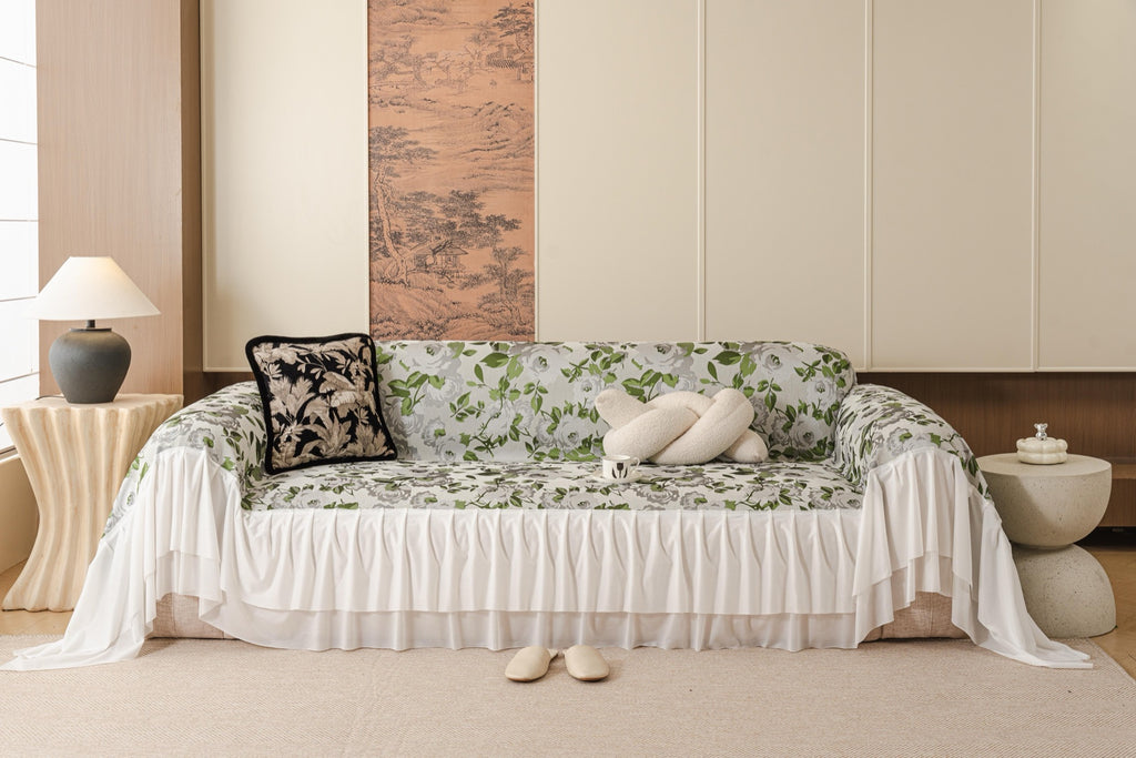 Sofa Decor Camellia Skirted Floral Sofa Throw Cover in Soft Sage Floral - front sofa fit view for floral sofa throw covers in Australia