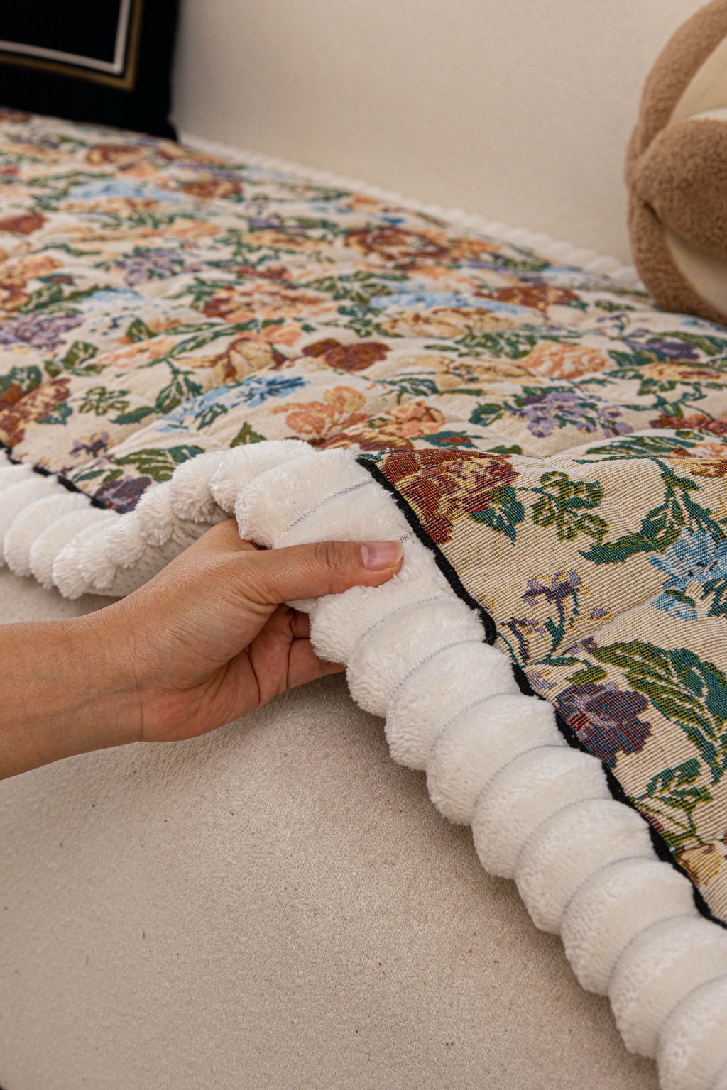 Sofa Decor Celeste Floral Jacquard Sofa Seat Cover in Ivory Garden Floral - raised edge fit detail for floral sofa seat covers in Australia