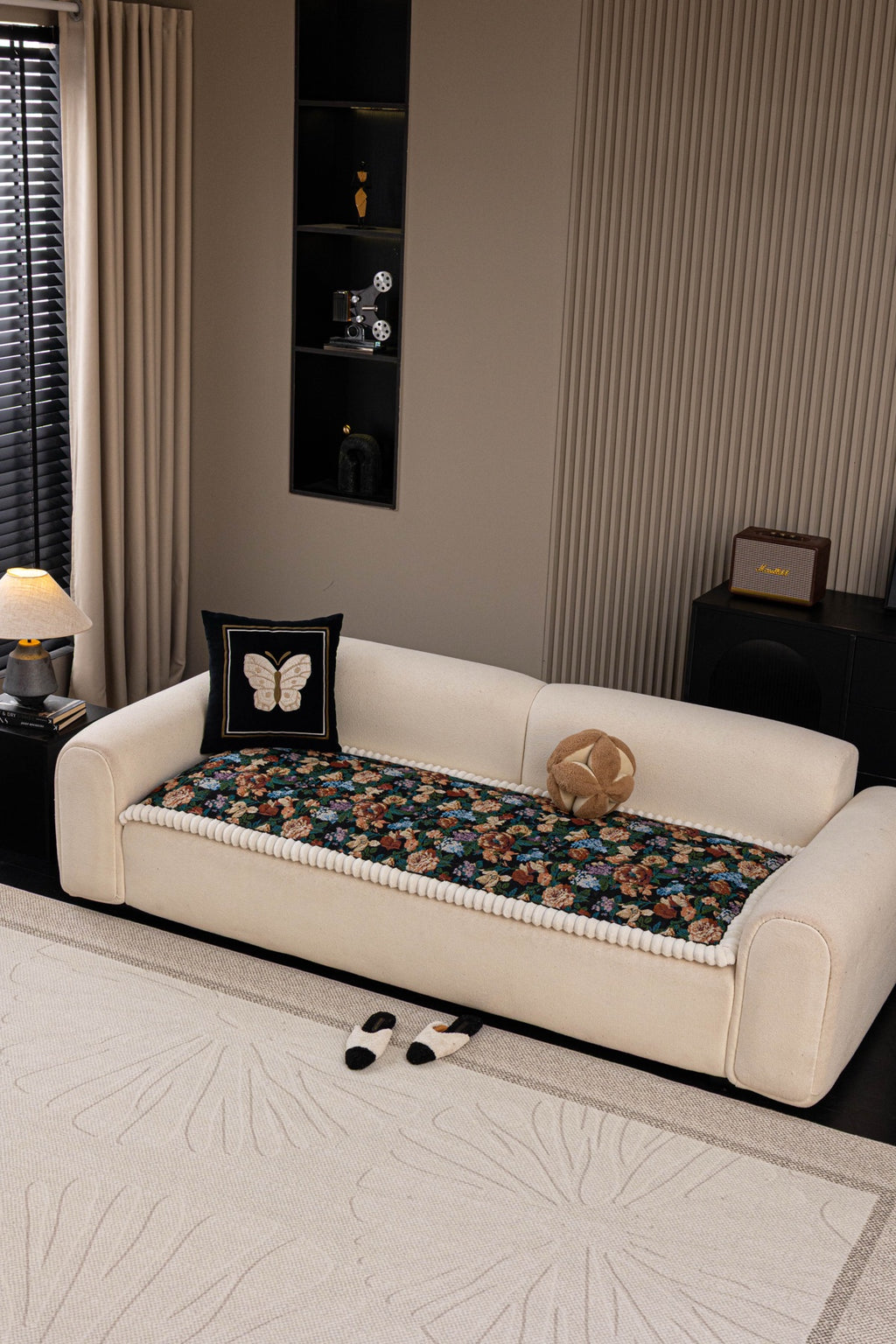 Sofa Decor Celeste Floral Jacquard Sofa Seat Cover in Midnight Garden Floral - front sofa fit view for floral sofa seat covers in Australia