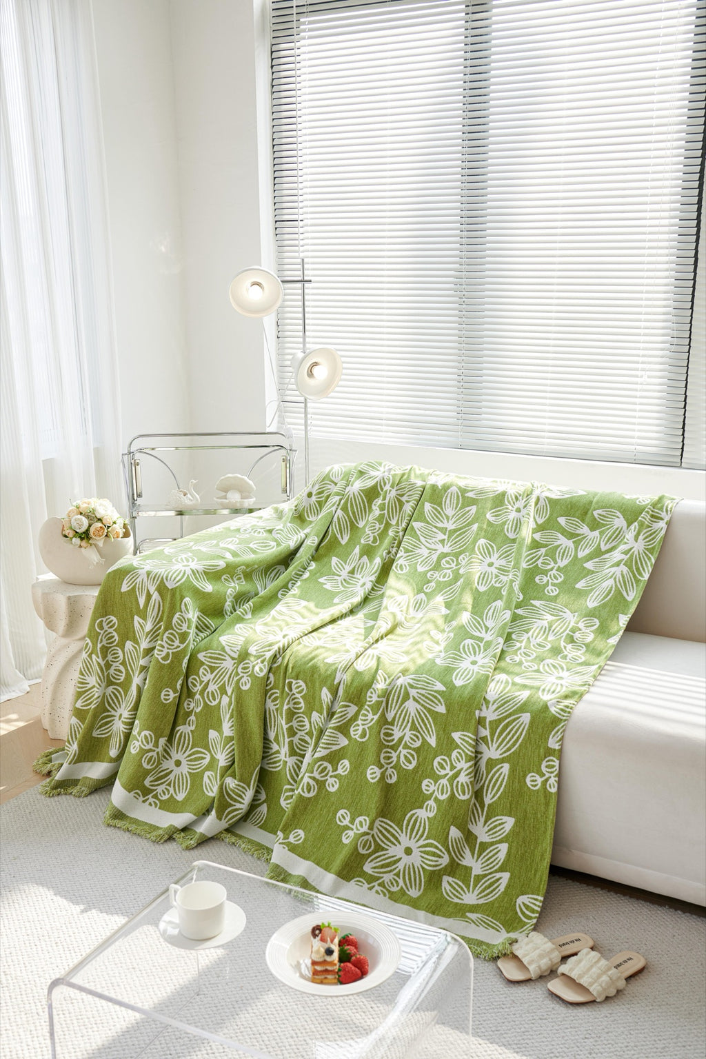 Sofa Decor Celia Floral Vine Fringe Sofa Throw Cover in Apple Green - floral vine sofa throw cover styled couch cover in Australia, image 27