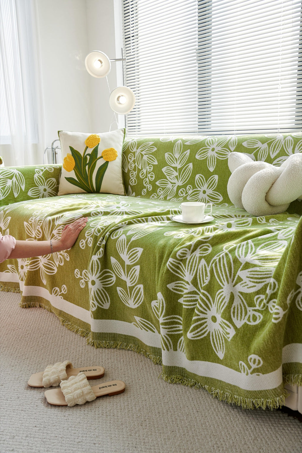 Sofa Decor Celia Floral Vine Fringe Sofa Throw Cover in Apple Green - floral vine sofa throw cover styled couch cover in Australia, image 28