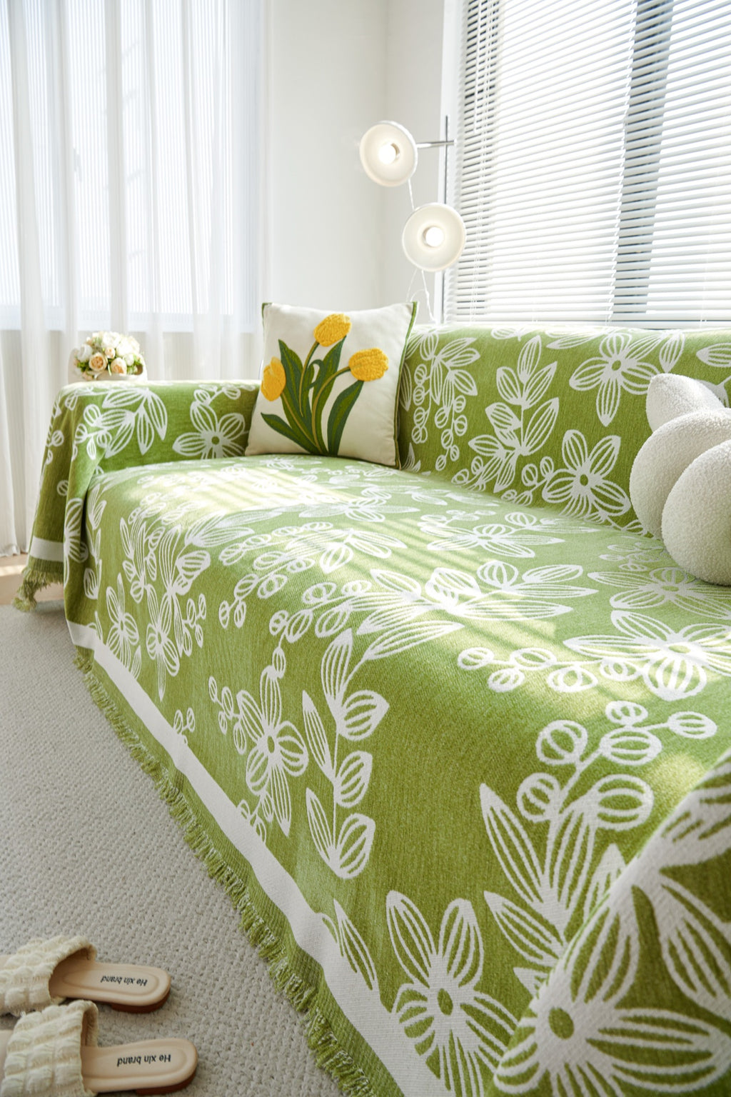 Sofa Decor Celia Floral Vine Fringe Sofa Throw Cover in Apple Green - floral vine sofa throw cover styled couch cover in Australia, image 31