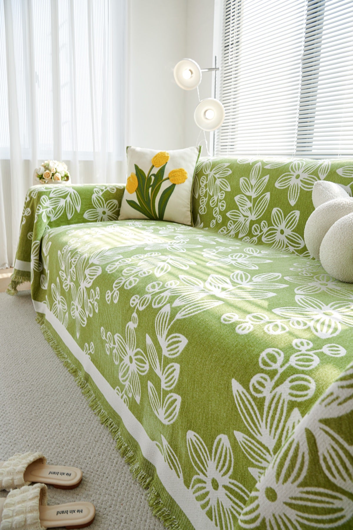 Sofa Decor Celia Floral Vine Fringe Sofa Throw Cover in Apple Green - floral vine sofa throw cover styled couch cover in Australia, image 31